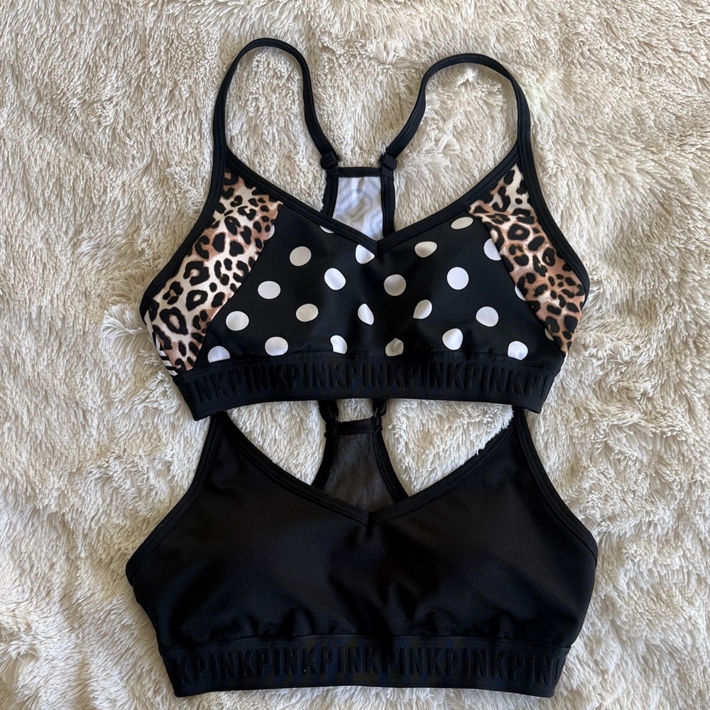 PINK Victoria's Secret Black and Leopard Print Sports Bra. Set of 2